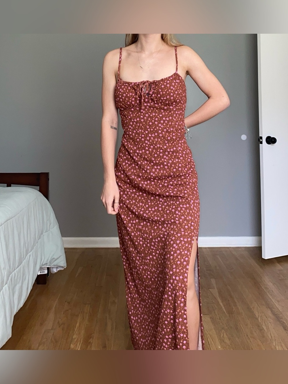No Boundaries Brown Floral Maxi Dress with Pink Accents